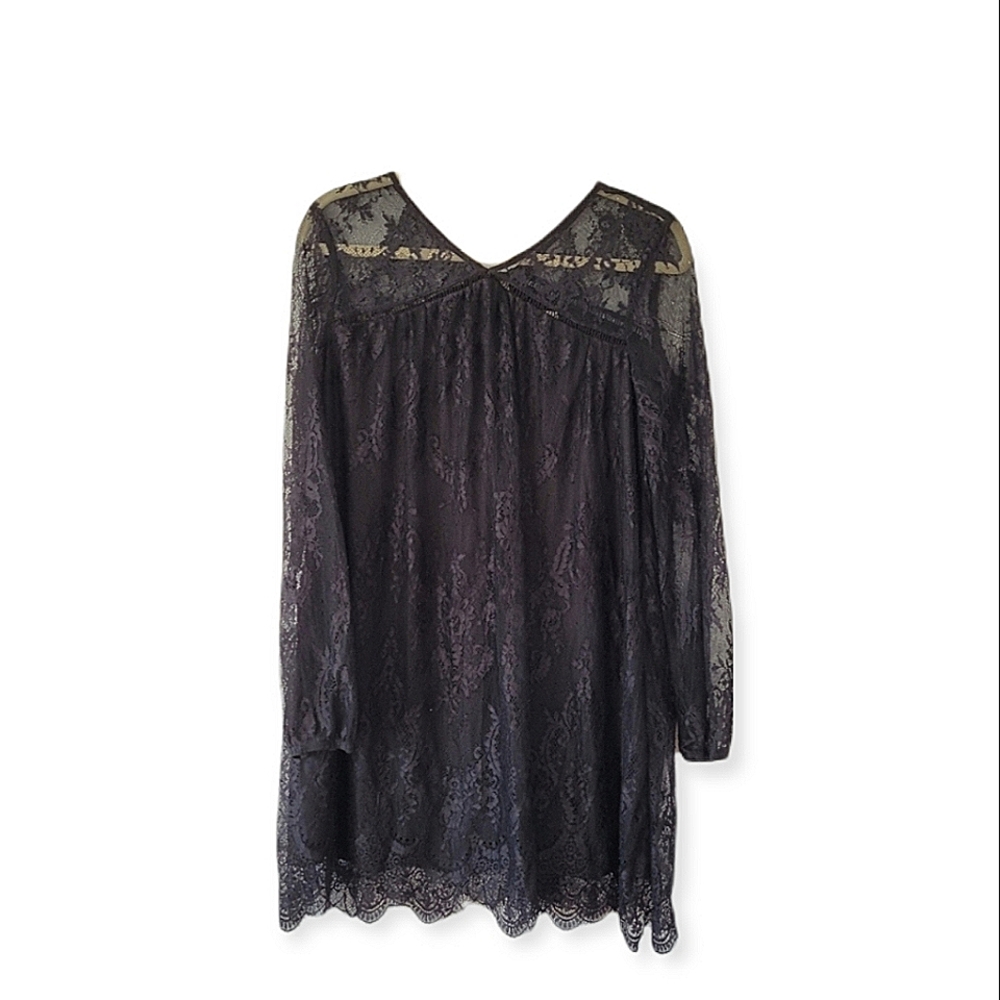 XHILARATION Floral Lace Long Sleeve V Neck Black Mini Dress